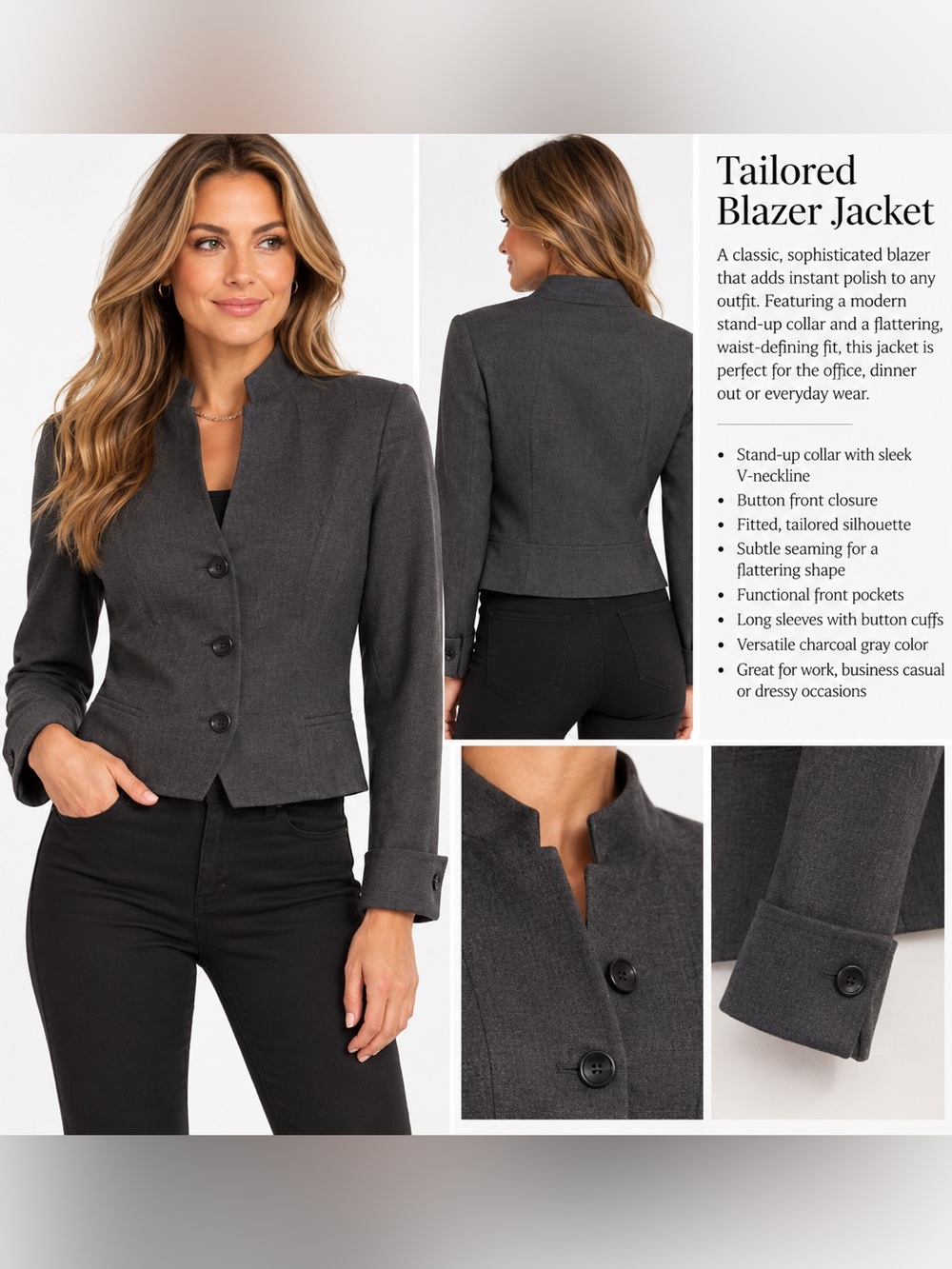 Tailored Stand-Up Collar Blazer Jacket - Charcoal Gray